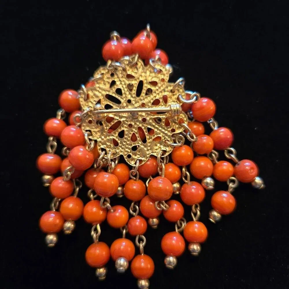 Vintage Gold Tone Orange Coral Cluster Waterfall Beaded Brooch Pin
